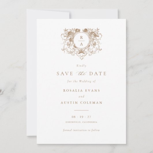  Elegant Floral Crest Bruiloft Save the Date Kaart (Voorkant)