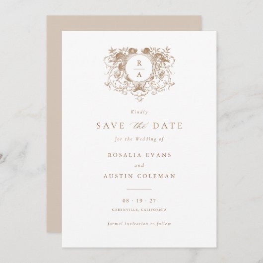 Elegant Floral Crest Bruiloft Save the Date Kaart (Voorkant / Achterkant)