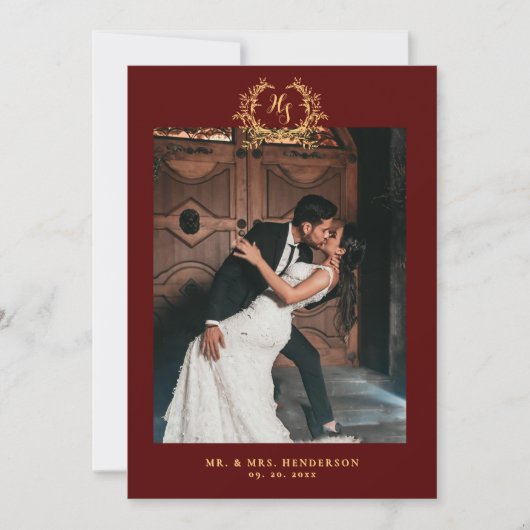 Elegant Floral Crest Burgundy Gold Bedankkaart (Voorkant)