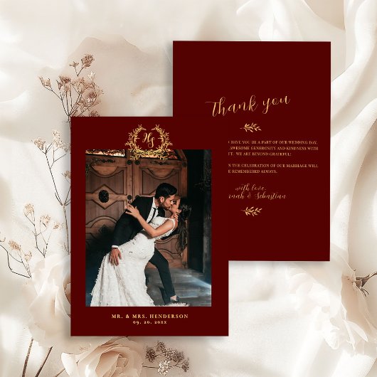 Elegant Floral Crest Burgundy Gold Bedankkaart