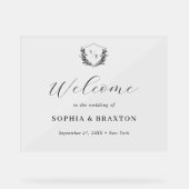 Elegant Floral Crest Monogram Bruiloft Welkomstbor Acryl Bord (Voorkant)