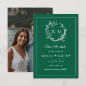 Elegant Floral Crest Monogram Photo Invitation Kaart (Voorkant / Achterkant)