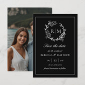 Elegant Floral Crest Monogram Photo Kaart (Voorkant / Achterkant)