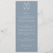 Elegant Floral Crest Monogram Stoffig Blauw Bruilo Menu (Voorkant)
