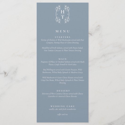Elegant Floral Crest Monogram Stoffig Blauw Bruilo Menu (Voorkant)