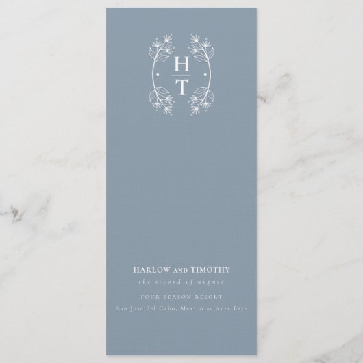 Elegant Floral Crest Monogram Stoffig Blauw Bruilo Menu (Achterkant)