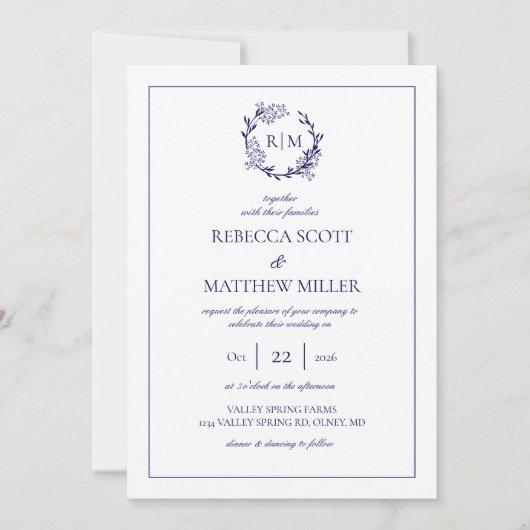 Elegant Floral Crest Monogram Wedding Kaart (Voorkant)