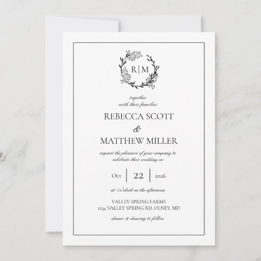 Elegant Floral Crest Monogram Wedding Kaart (Voorkant)