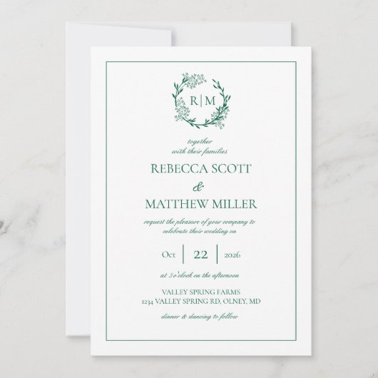 Elegant Floral Crest Monogram Wedding Kaart (Voorkant)