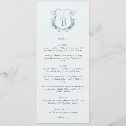 Elegant Floral Crest Monogram Wedding Menu (Voorkant)