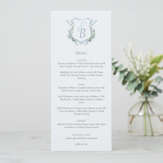 Elegant Floral Crest Monogram Wedding  Menu (Staand voorkant)