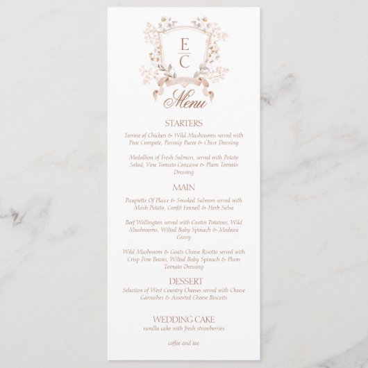 Elegant Floral Crest Monogram Wedding  Menu (Voorkant)