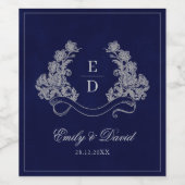 Elegant Floral Crest Navy Wedding Monogram  Wijn Etiket (Enkel label)