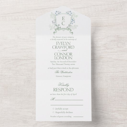 Elegant Floral Crest Wedding All In One Uitnodiging (Binnen)