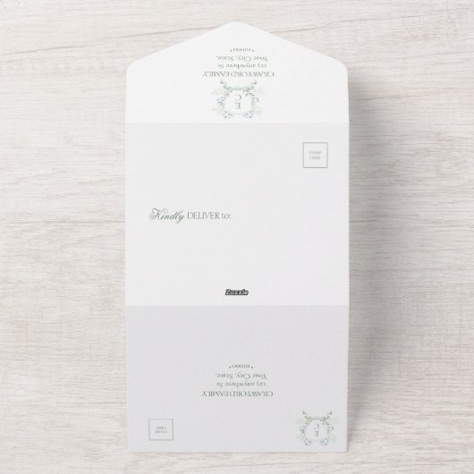 Elegant Floral Crest Wedding All In One Uitnodiging (Buitenkant)