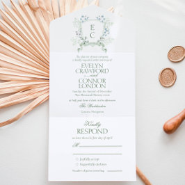 Elegant Floral Crest Wedding All In One Uitnodiging