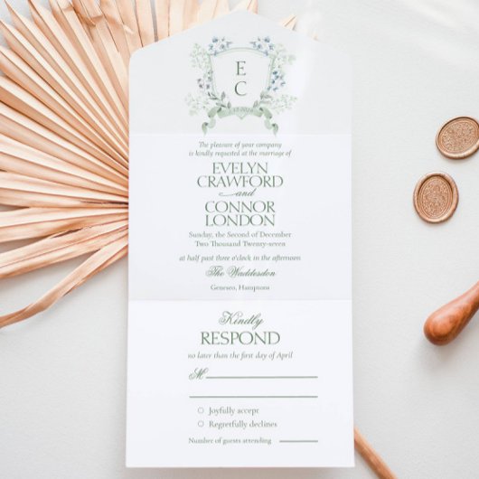 Elegant Floral Crest Wedding All In One Uitnodiging