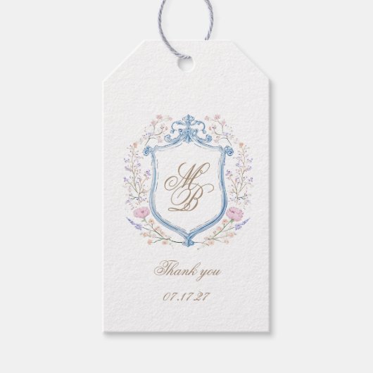 Elegant Floral Crest Wedding Cadeaulabel (Voorkant)