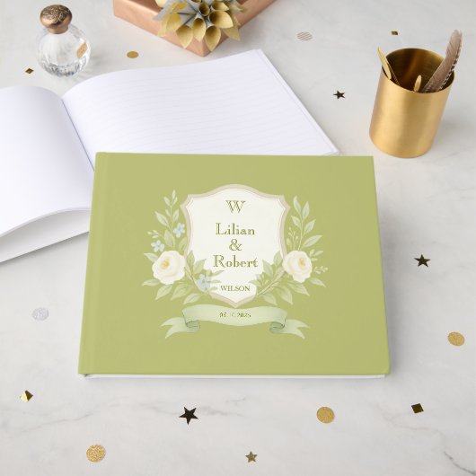 Elegant Floral Crest Wedding Gastenboek (Voorkant open)