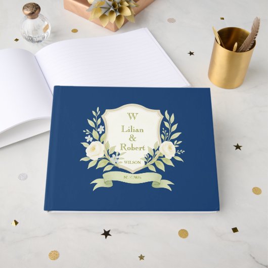 Elegant Floral Crest Wedding Gastenboek (Voorkant open)