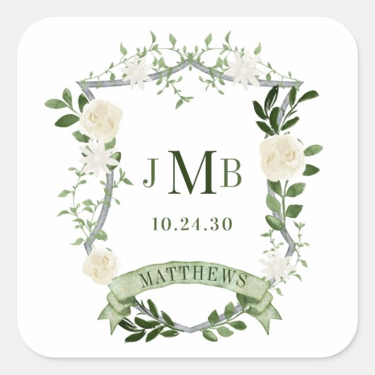 Elegant Floral Crest Wedding Vierkante Sticker (Voorkant)
