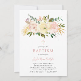 Elegant Floral Cross Blush Roze Baby Girl Baptisme Kaart