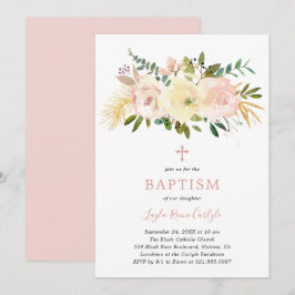 Elegant Floral Cross Blush Roze Baby Girl Baptisme Kaart