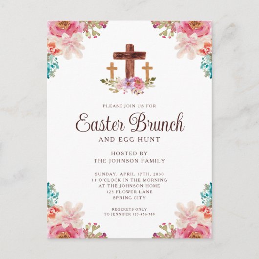 Elegant Floral Cross Easter Brunch Uitnodiging Briefkaart (Voorkant)