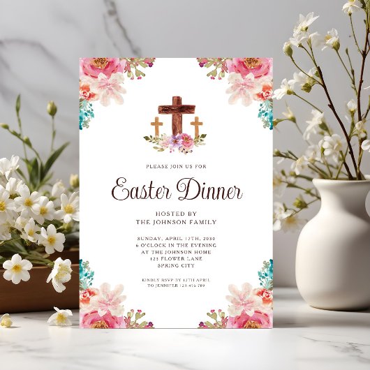 Elegant Floral Cross Easter Dinner Kaart