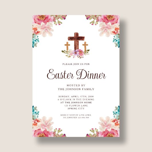 Elegant Floral Cross Easter Dinner Kaart