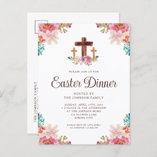 Elegant Floral Cross Easter Dinner Uitnodiging Briefkaart