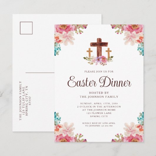 Elegant Floral Cross Easter Dinner Uitnodiging Briefkaart (Voorkant / Achterkant)