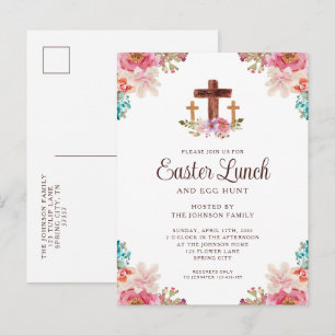 Elegant Floral Cross Easter Lunch Uitnodiging Briefkaart