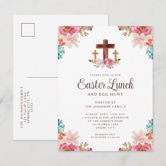 Elegant Floral Cross Easter Lunch Uitnodiging Briefkaart (Voorkant / Achterkant)