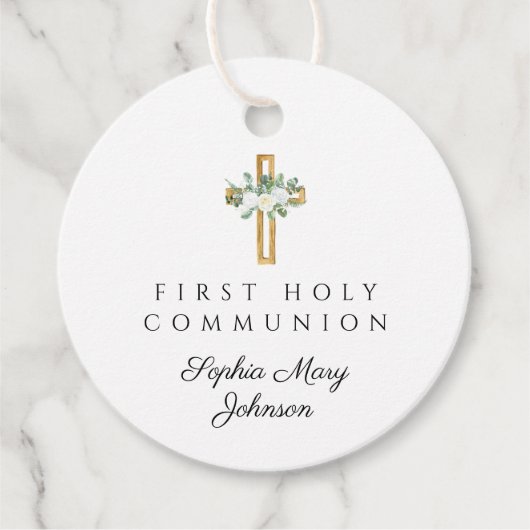 Elegant Floral Cross Girl First Holy Communion Bedankjes Labels (Voorkant)
