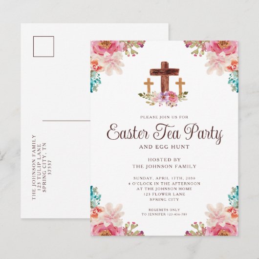 Elegant Floral Cross Paaspartij Uitnodiging Briefkaart (Voorkant / Achterkant)