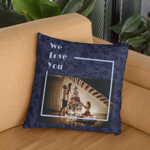 Elegant Floral Custom Family Foto Blauw Kussen