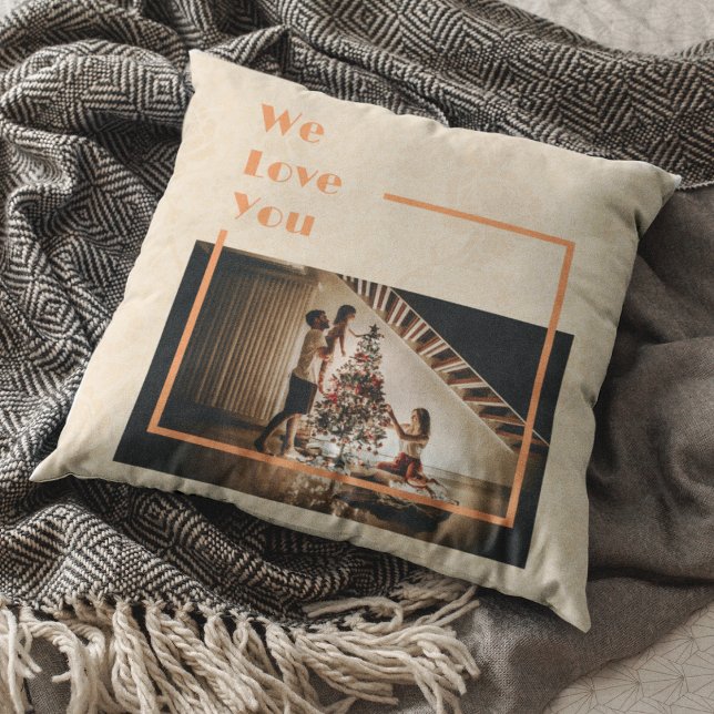 Elegant Floral Custom Family Photo Text Oranje Kussen (Creator heeft geüpload)