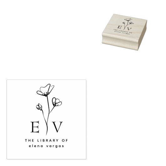 Elegant Floral Custom Name Initials Library Book Rubberstempel (Gestempeld)