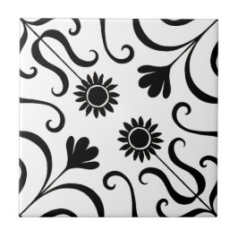 Elegant Floral Damask Black en White Sunflower Tegeltje