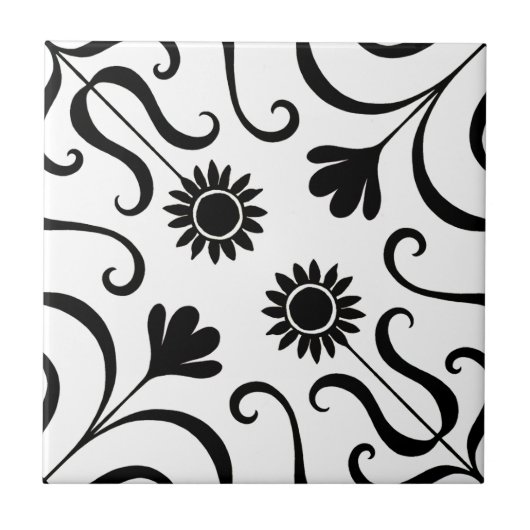 Elegant Floral Damask Black en White Sunflower Tegeltje (Voorkant)