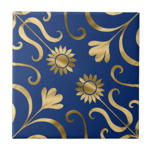 Elegant Floral Damask Navy Blue & Gold Sunflower Tegeltje