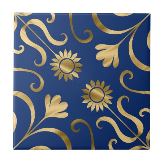 Elegant Floral Damask Navy Blue & Gold Sunflower Tegeltje (Voorkant)