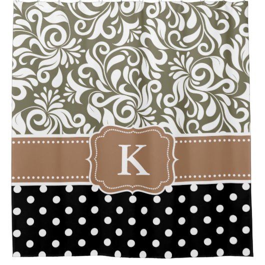 Elegant Floral Damask Polka Dots Tan Monogram Douchegordijn (Voorkant)