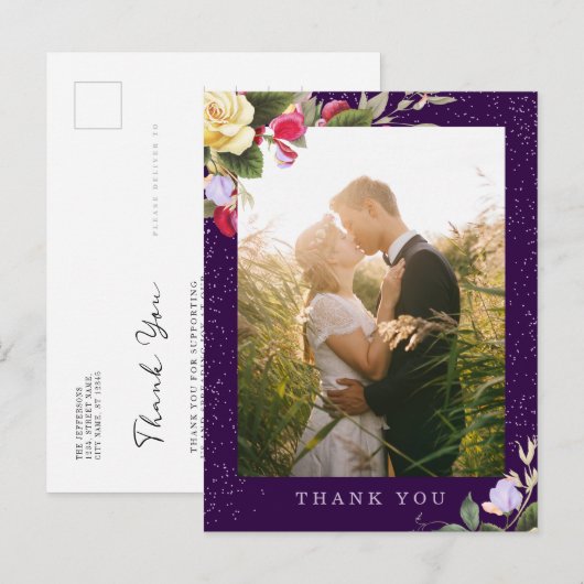 Elegant Floral Dark Paars Weduwfoto Hartelijk dank Briefkaart (Voorkant / Achterkant)