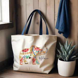 Elegant Floral Decorative  Elephant Pattern Tote Bag