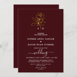 Elegant Floral Deep Burgundy Gold Monogram Wedding Kaart