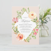 Elegant Floral Diamond Peach Baptism Invitation Kaart (Staand voorkant)