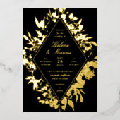Elegant Floral Diamond Wedding Black Gold Folie Uitnodiging (Voorkant)