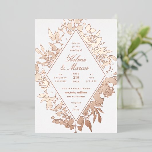Elegant Floral Diamond Wedding Roos Gold Folie Uitnodiging (Staand Voorkant)